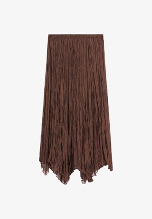 Hnědá mačkaná midi sukně s elastickým pasem a asymetrickým, nerovným lemem.