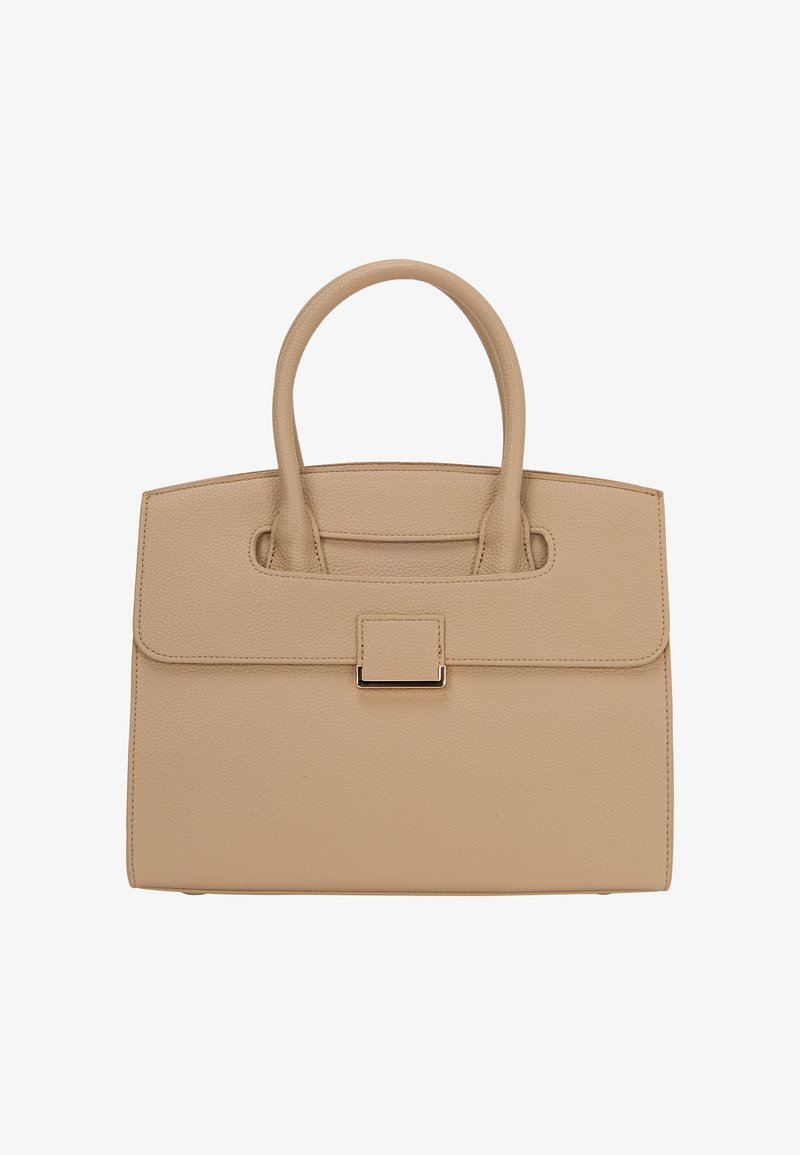 Beige bőrtáska strukturált dizájnnal, felső fogantyúkkal és patentos záródással. Texturált felszíne és téglalap alakú sziluettje van.