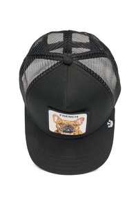 Gorra de béisbol negra de malla con un panel frontal sólido. Presenta un parche bordado de un Bulldog Francés encima de la palabra "FRENCH."