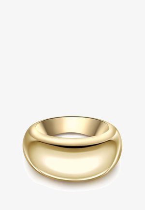 Auksinis žiedas su lygiu, apvaliu dizainu. Poliruotas paviršius atspindi šviesą, demonstruodamas vientisą, tvirtą išvaizdą. Papuošimų nematyti.