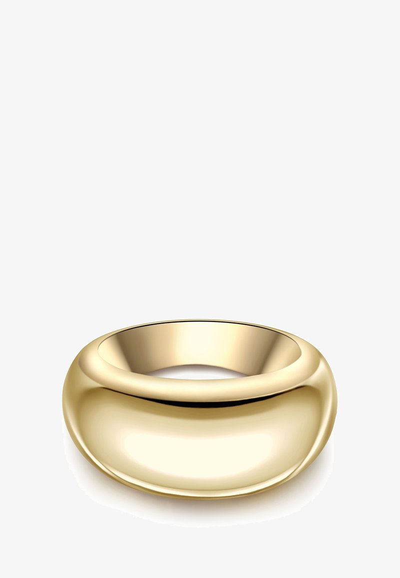 Auksinis žiedas su lygiu, apvaliu dizainu. Poliruotas paviršius atspindi šviesą, demonstruodamas vientisą, tvirtą išvaizdą. Papuošimų nematyti.