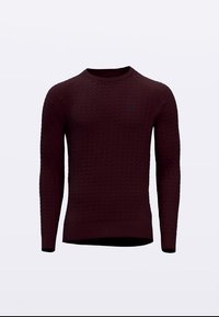 Μπορντό πλεκτό πουλόβερ με υφαντό μοτίβο, μακριά μανίκια, στρογγυλή λαιμόκοψη και διακριτική λεπτομέρεια λογότυπου στο στήθος. Υλικό από βαμβακερό μείγμα.