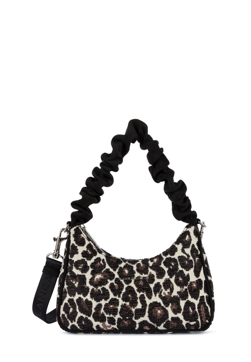 Leopard print shoulder bag with a textured white and black fabric, featuring a ruffled black strap and silver hardware accents.