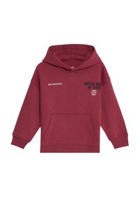 Bordeauxkleurige hoodie van zachte stof, met een voorzak, een grote capuchon en bedrukte tekst: "NIEUWE GENERATIE" en "VERENIGDE STAAT VAN COOL."