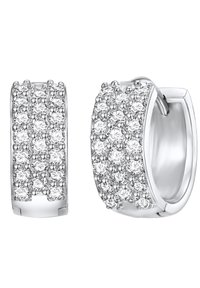 Cercei hoops din argint, cu o serie de pietre de zirconiu cubic clar rotunde, înconjurate de mici mărgele metalice pentru textură și strălucire.