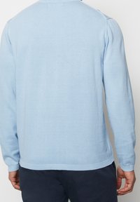 Pullover azzurro chiaro, a maglia, con scollatura rotonda, polsini e orlo a costine, e una texture liscia. La vista da dietro mostra dettagli minimi.