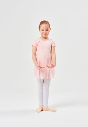 Light pink ballet dress with short sleeves and a flared skirt, paired with white tights and soft pink ballet shoes.