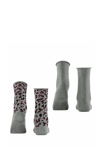 Zwei Paare Socken: ein Paar grau mit einem Leopardenmuster in dunkelpink und schwarz, das andere einfarbig grau. Beide sind knöchelhohe Socken mit einer gerippten Struktur.