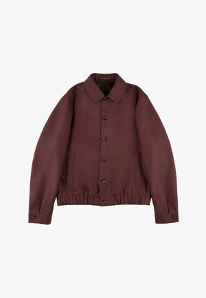 Marron Zip-Jacke mit Kragen, Knopfschluss und Seitentaschen. Glattes Material mit elastischem Saum und Bündchen.