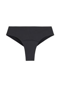 Perizoma nero realizzato in tessuto morbido, con un design semplice e una gamba alta e bordi senza cuciture per il massimo comfort.