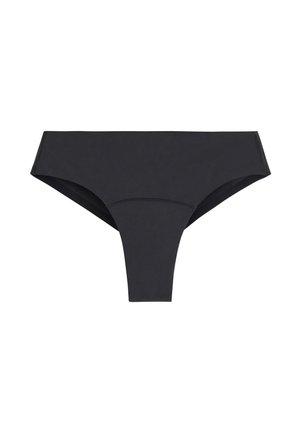 Sort trusse i thongsstil lavet af blødt stof, med et enkelt design, højt udskårne ben og sømløse kanter for komfort.