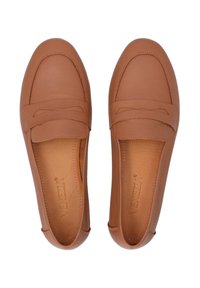 Braune Leder-Loafer mit glatter Textur, abgerundetem Zehenbereich und Schleifenakzent auf dem Vorderblatt. Mit einem schlüpfigen Design und gepolsterter Innensohle.