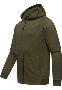 Green hooded sweatshirt with a full front zipper, two side pockets, ribbed cuffs, and soft fabric texture. Features a contrasting zipper detail.