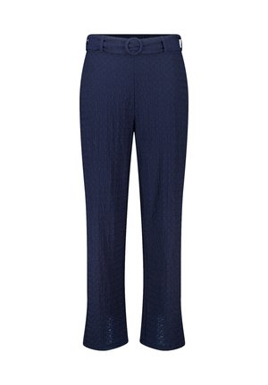 Marineblauwe cropped pantalons van gestructureerde stof, met een riem met een ronde gesp, rechte pijpen en subtiele stikdetails.