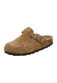 Brauner Wildleder-Clog mit runder Zehe, verstellbarem Riemen und strukturiertem Gummisohle. Hat ein minimalistisches Design und keine dekorativen Muster.