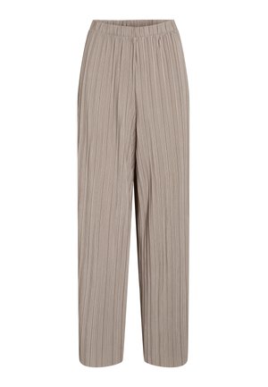 Beežid laiade säärega püksid vertikaalsete voltidega ja elastse vöökohaga, sobivad nii igapäevaseks kui ka pidulikuks kandmiseks.