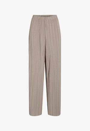 Beežid laiade säärega püksid vertikaalsete voltidega ja elastse vöökohaga, sobivad nii igapäevaseks kui ka pidulikuks kandmiseks.