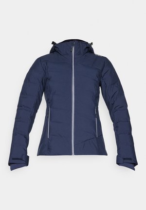 Navyblauwe geïsoleerde jas met een rits, capuchon, zijzakken en klittenbandsluiting bij de mouwen. Heeft een gewatteerde textuur en een slank ontwerp.
