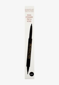 Eyeliner noir double avec un applicateur en feutre et un crayon khôl. L'emballage présente un texte doré sur fond blanc.