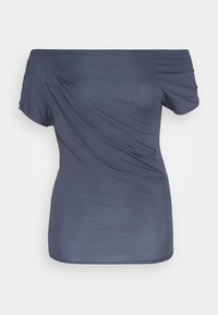 Off-the-shoulder navy blue top made of soft, smooth fabric. Features draped detailing on the front and short sleeves.
