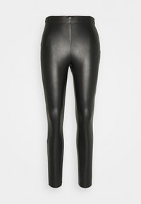 Leggings en simili cuir noir, avec une coupe slim, une taille haute, une texture lisse et sans matériel ou motifs visibles.