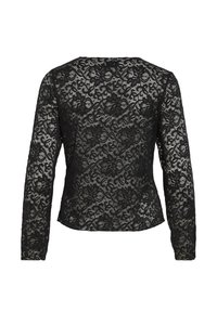 Black lace long-sleeve top featuring floral patterns and a fitted silhouette. The back is opaque with a rounded neckline and a smooth texture.