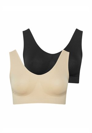 Zwei nahtlose drahtlose BHs mit breiten Trägern, einer beige und einer schwarz, vor weißem Hintergrund dargestellt.