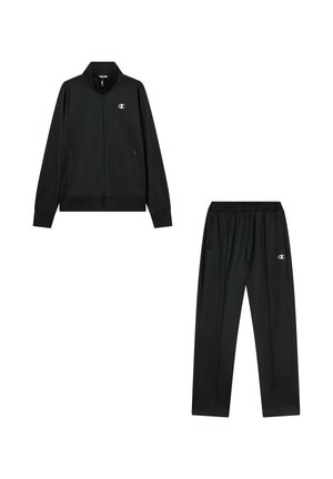 Schwarzer Trainingsanzug bestehend aus einer Jacke mit Reißverschluss, Stehkragen und Seitentaschen, kombiniert mit elastischen Sporthosen, beide aus glattem Material gefertigt.