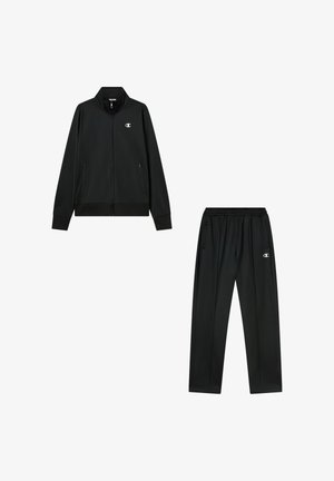 Schwarzer Trainingsanzug bestehend aus einer Jacke mit Reißverschluss, Stehkragen und Seitentaschen, kombiniert mit elastischen Sporthosen, beide aus glattem Material gefertigt.