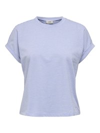 T-shirt a strisce blu chiaro con scollatura rotonda, maniche corte arrotolate e vestibilità rilassata. Realizzato in un tessuto morbido con una texture liscia.