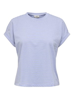 Svetlomodré pruhované tričko s okrúhlym výstrihom, krátkymi zrolovanými rukávmi a voľným strihom. Vyrobené z mäkkej tkaniny s hladkým povrchom.
