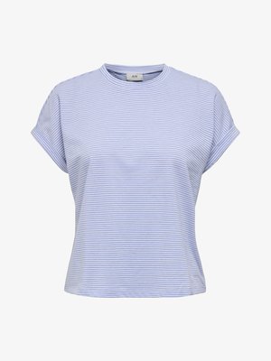 Lichtblauw gestreept t-shirt met een ronde halslijn, korte opgerolde mouwen en een relaxte pasvorm. Gemaakt van zachte stof met een gladde textuur.