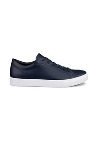 Marineblaue, niedrig geschnittene Leder-Sneaker mit Schnürung vorne und weißer Gummisohle, in Seitenansicht auf weißem Hintergrund.