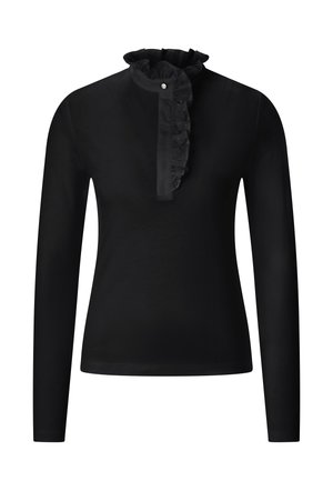 Čierny top s dlhým rukávom, so riaseným golierom a detailom gombíka pri golieri. Hladká látka s priliehavým strihom.