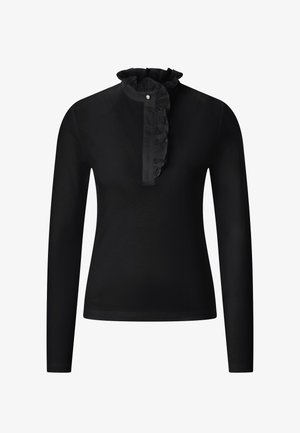 Maglia nera a maniche lunghe con colletto arricciato e dettaglio a bottoni. Tessuto morbido con silhouette aderente.