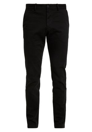 Sorte slim-fit bukser med bæltestropper, frontknap og lynlås, lavet af glat stof.