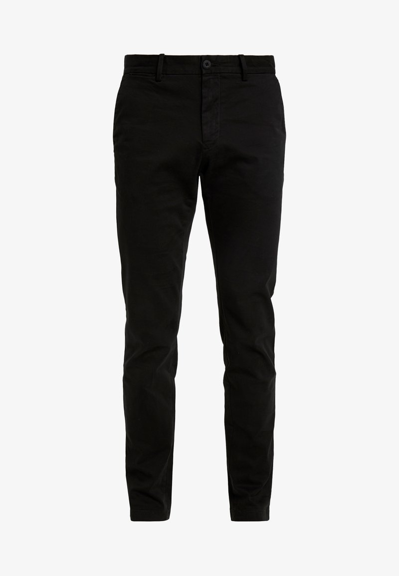 Pantalon noir ajusté avec passants pour ceinture, bouton à l'avant et fermeture éclair, fabriqué en tissu lisse.