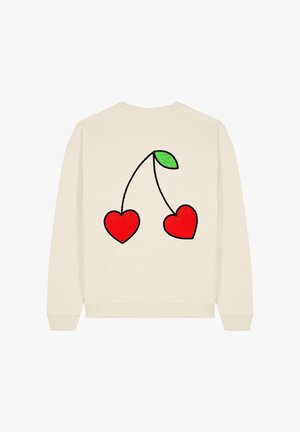 Sweatshirt crème avec un motif de cerise brodé en rouge et noir, comprenant deux cœurs et une feuille verte au dos. Encolure ronde, poignets côtelés.