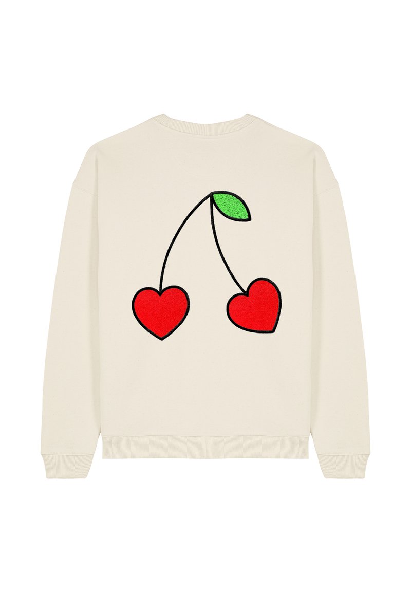 Felpa color crema con design di ciliegia ricamato in rosso e nero, con due cuori e una foglia verde sul retro. Collo rotondo e polsini a coste.