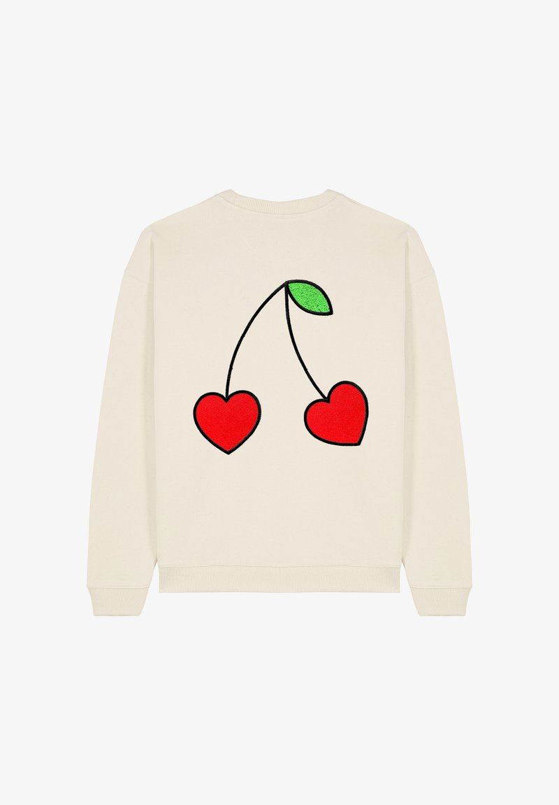Felpa color crema con design di ciliegia ricamato in rosso e nero, con due cuori e una foglia verde sul retro. Collo rotondo e polsini a coste.