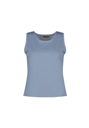 Bez rękawów, jasnoniebieski sportowy tank top z okrągłym dekoltem i siateczkowym detalem wewnątrz kołnierza.