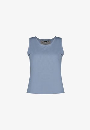 Bez rękawów, jasnoniebieski sportowy tank top z okrągłym dekoltem i siateczkowym detalem wewnątrz kołnierza.