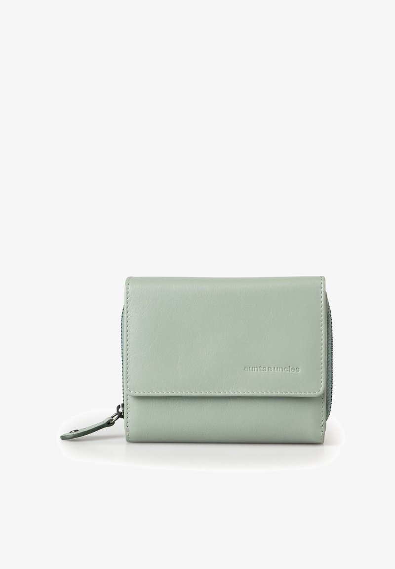 Mint green leather wallet with a fold-over flap and a zipper closure. Features embossed logo and contrasting stitching. Smooth texture.