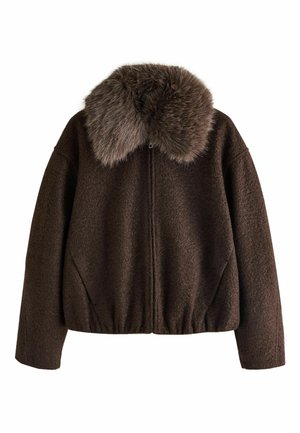 Braune Wolljacke mit großem, weichem Kunstfellkragen. Verfügt über einen Reißverschluss, elastischen Saum und Seitentaschen. Strukturierten Stoff.