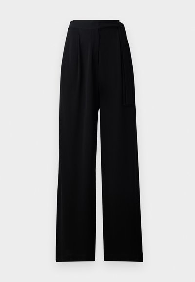 Black wide-leg trousers made from soft fabric, featuring a high waistband and a matching tie belt, with a smooth texture and no visible patterns.
