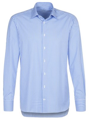 Lichtblauw-wit geruit overhemd met lange mouwen, een klassieke kraag en omgeslagen manchetten.