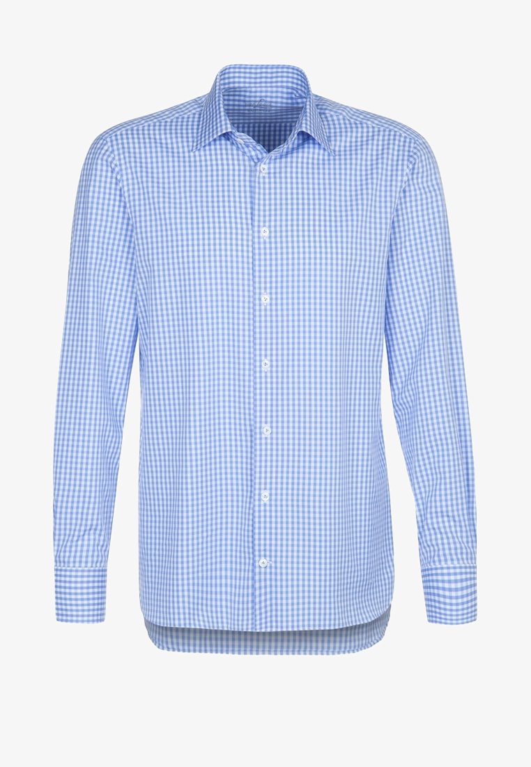 Chemise à manches longues à carreaux bleus clairs et blancs, avec col classique et manches à revers.