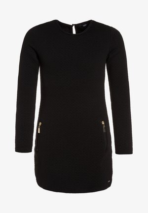 Robe mini noire à manches longues texturée, avec encolure ronde et deux poches zippées dorées sur les côtés avant.