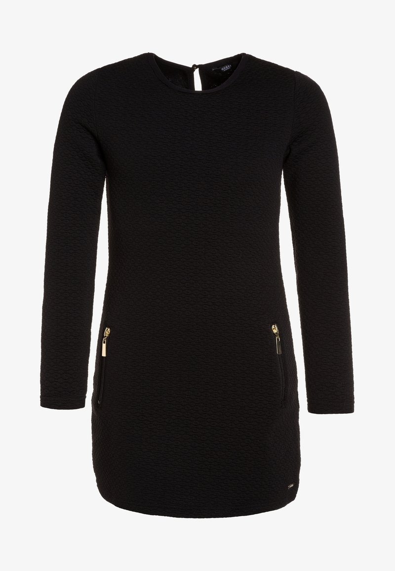 Robe mini noire à manches longues texturée, avec encolure ronde et deux poches zippées dorées sur les côtés avant.