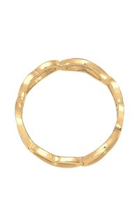 Gold-tone ring featuring interlocking links, smooth surface, and a round shape. The design is minimalist with a polished finish.